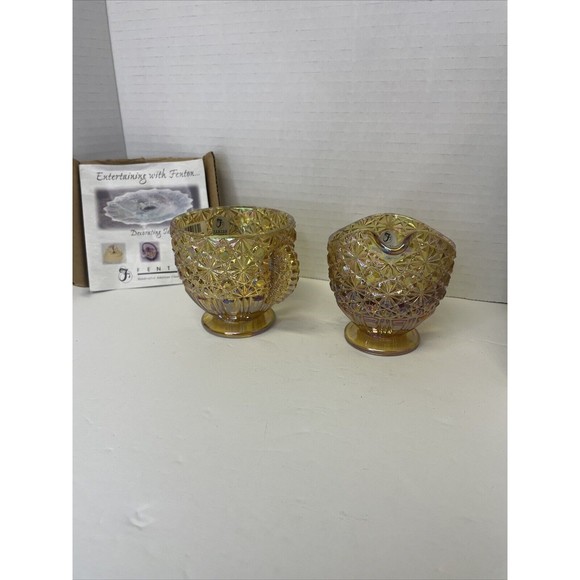 Fenton Art Glass Yellow Amber Daisy And Button And Bows Creamer‎ & Sugar Set - Picture 7 of 7